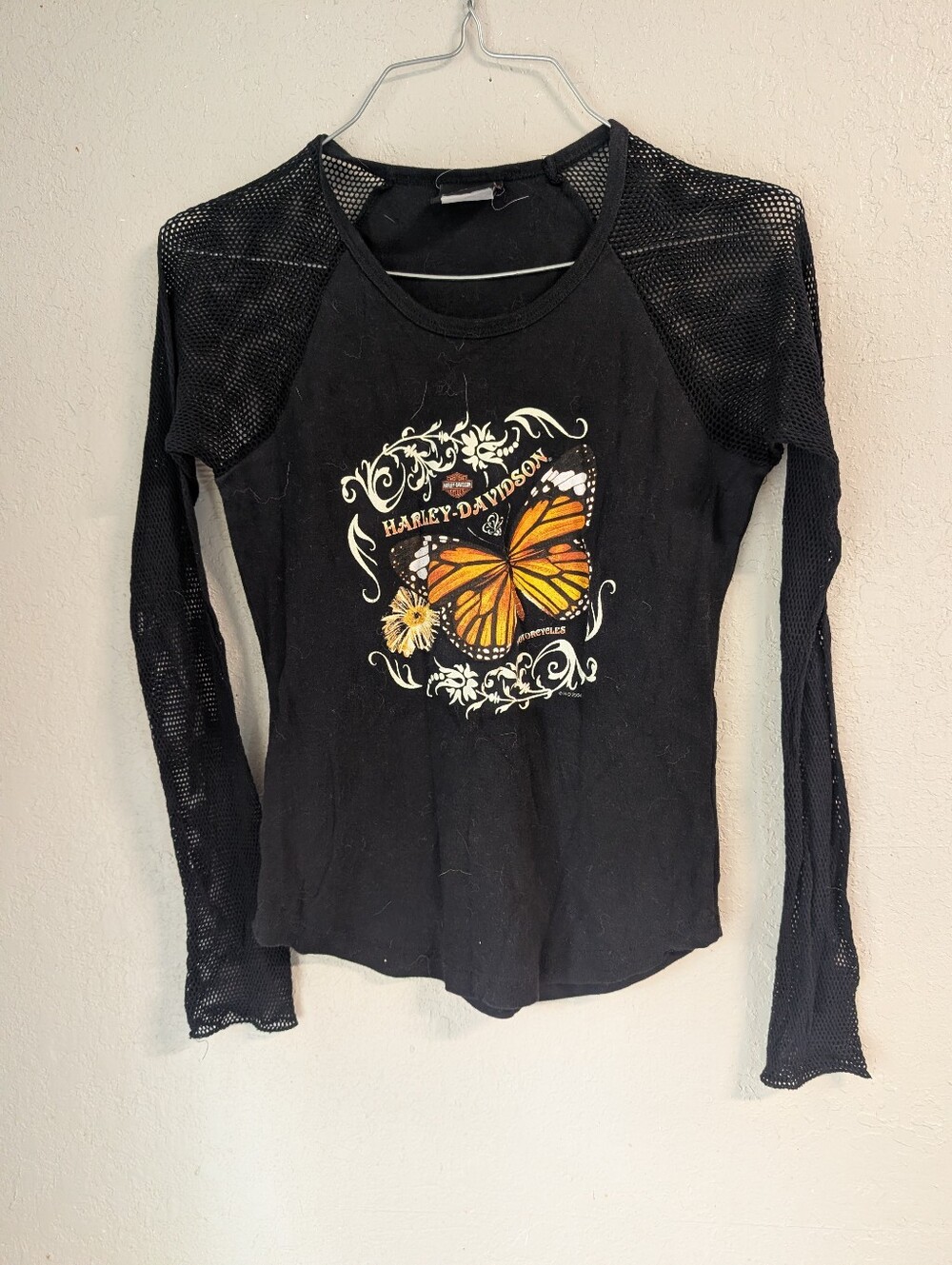 Vintage Y2K Harley-Davidson Top M Black Butterfly Mesh FishNet Sleeve